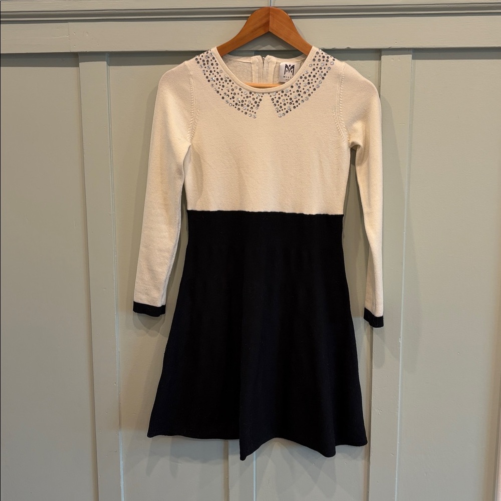 Milly Minis Kids Designer Dress • Size‎ 14 • Black & White Knit • Jeweled Collar